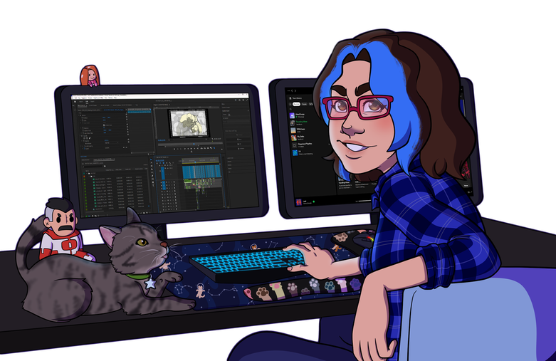 Illustration of Lea at her editing desk with her cat