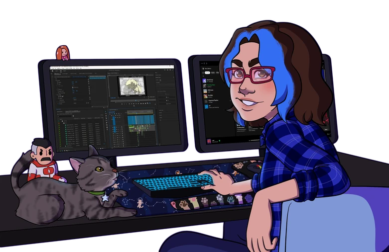 Illustration of Lea editing video at her desk with Connor the cat